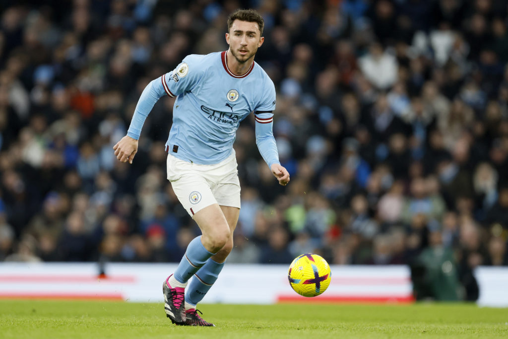 Aymeric Laporte with the ball at his feet during Manchester City vs Aston Villa