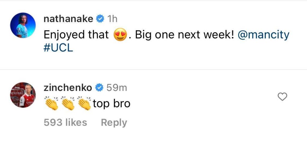 Zinchenko comments on Ake's Instagram