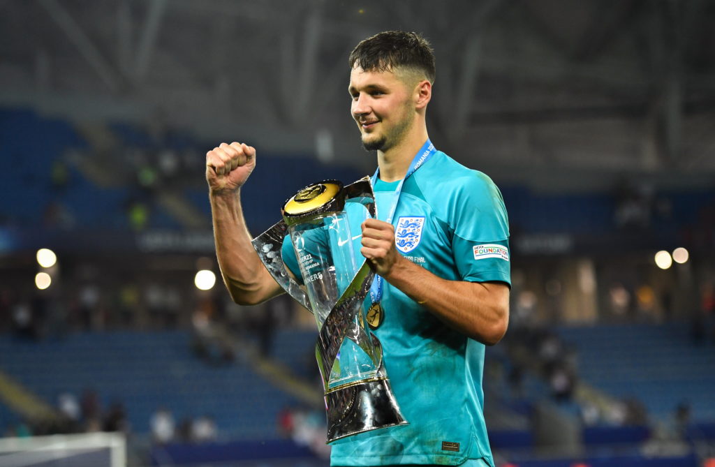 England goalkeeper James Trafford with the trophy after the UEFA Under-21 EURO 2023 Final match between England and Spain at the Batumi Arena on July 8, 2023