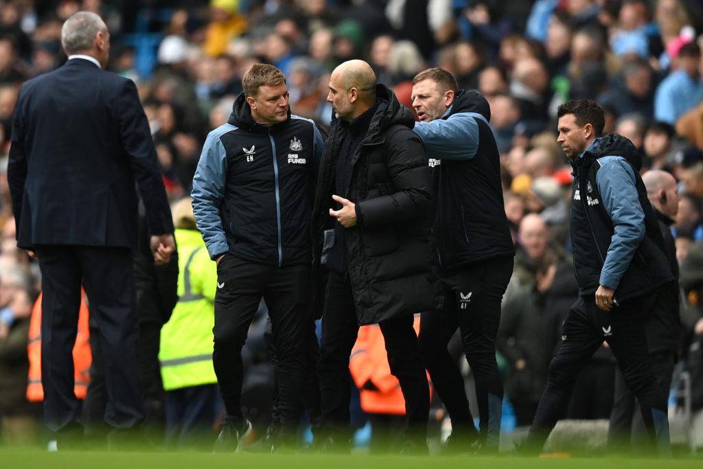 Manchester City manager Pep Guardiola and Newcastle United head coach Eddie Howe clash