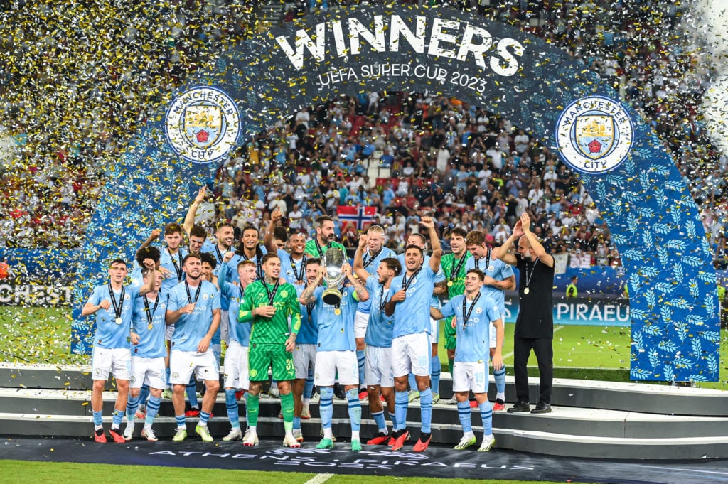 Manchester City players celebrate beating Sevilla in UEFA Super Cup before facing Newcastle United in Premier League