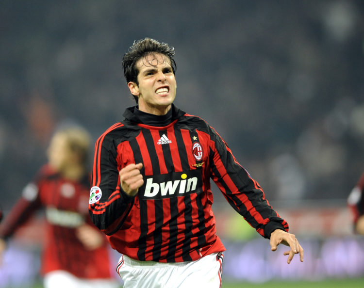 MILAN, ITALY - 13 JANUARY 2008: Ricardo Kaka of AC Milan celebrates during the "Serie A" 2007-2008 match, round 18, between Milan and Napoli at the...