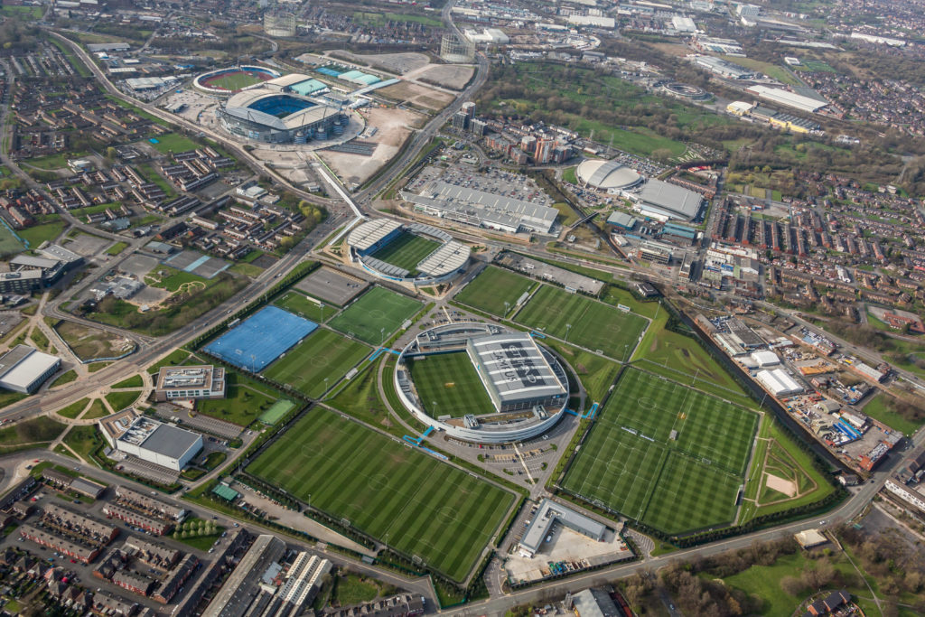 Aerial photograph of the Etihad Campus, training ground  to Manchester city football club and home to Manchester city football academy