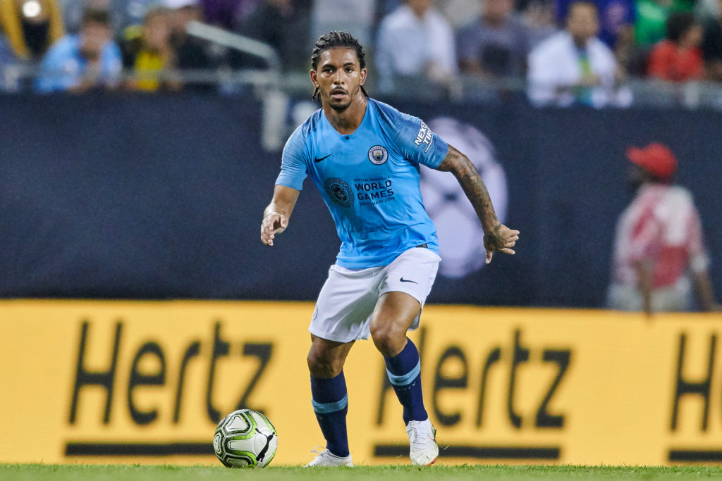 Manchester City midfielder Douglas Luiz (39) handles the ball during an International Champions Cup match between Manchester City and Borussia Dortmund on July 20, 2018 at Soldier Field in Chicago, Illinois.
