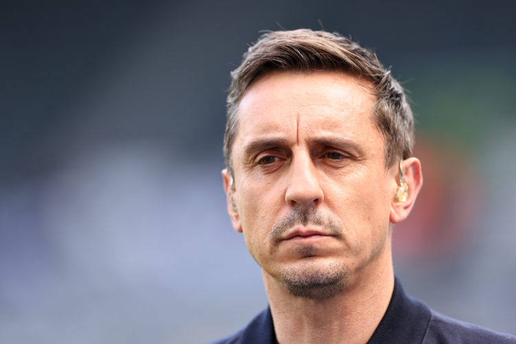 NEWCASTLE, ENGLAND - MAY 7: Gary Neville working as a TV pundit for Sky Sports ahead of the Premier League match between Newcastle United and Arsen...