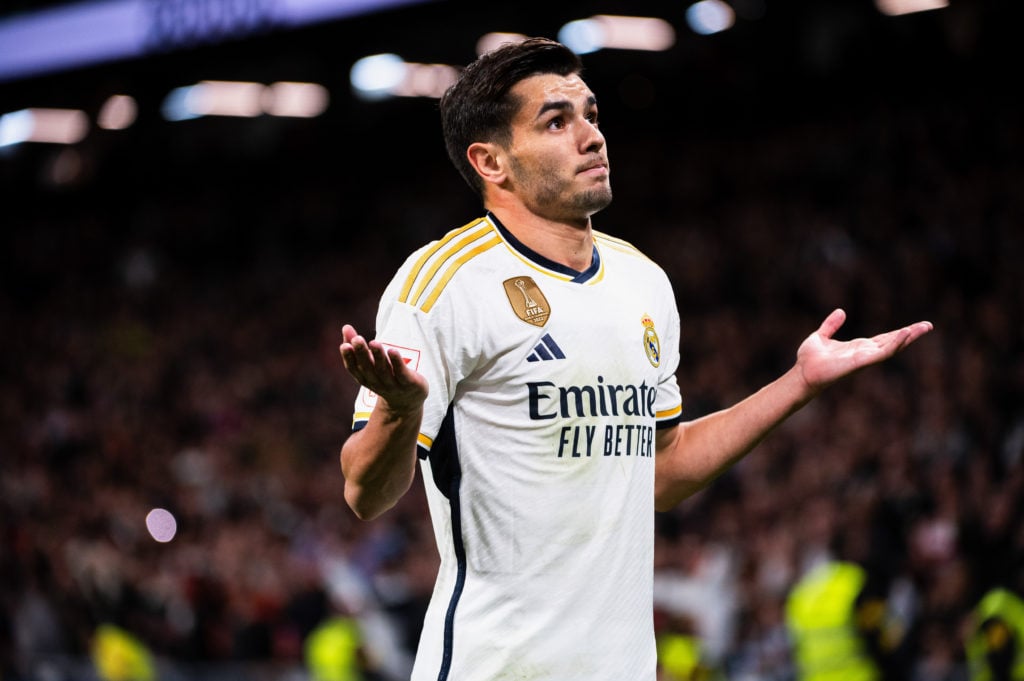 Brahim Diaz of Real Madrid seen celebrating after scoring a