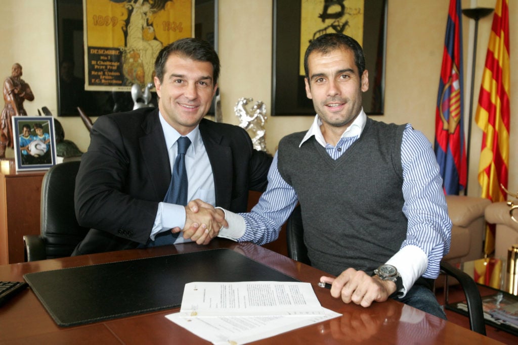 Barcelona president Joan Laporta (L) sha