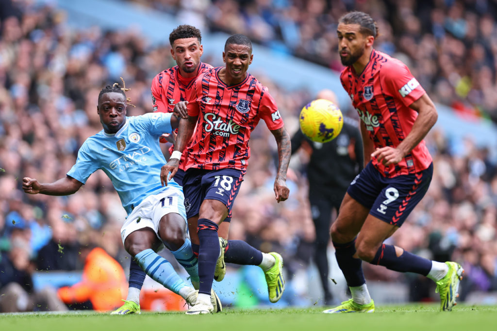 Ashley Young, Dominic Calvert-Lewin, Ben Godfrey and Jeremy Doku in action during Manchester City vs Everton
