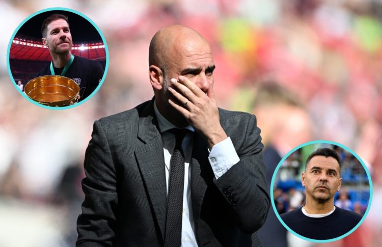 Pep Guardiola holds his hand to his face. Indents: Xabi Alonso holds the German Cup. Girona manager Michel.