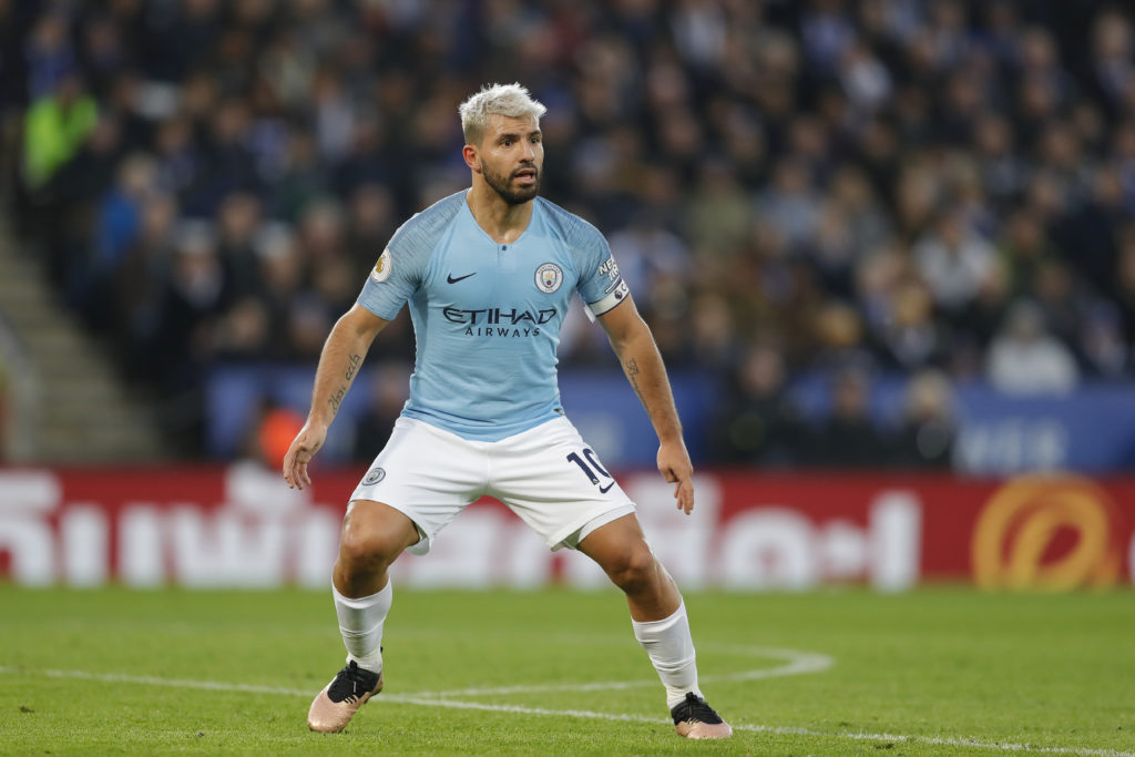 Sergio Aguero of Manchester City in action during the Premier League match between Leicester City and Manchester City at The King Power Stadium on December 26, 2018