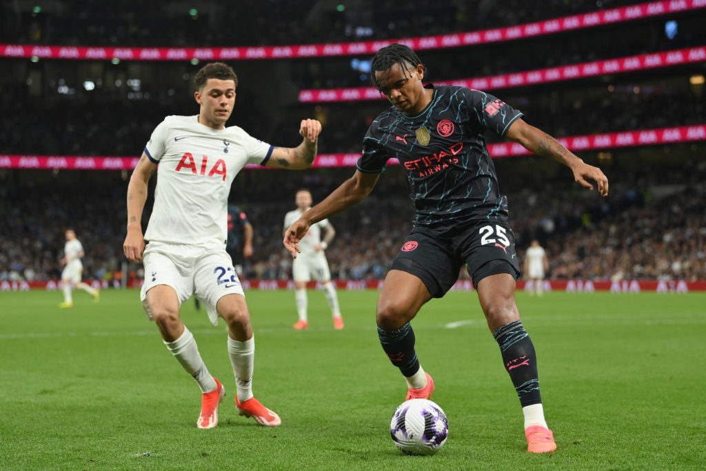 Brennan Johnson pressing Manuel Akanji during Tottenham Hotspur v Manchester City