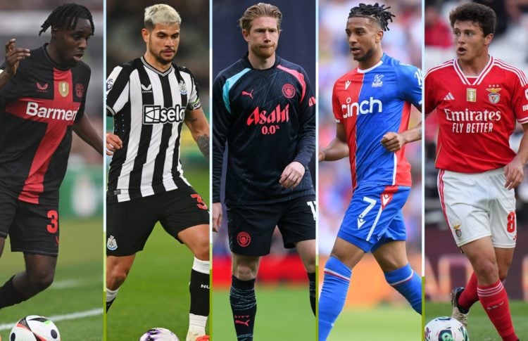 A collage of Jeremie Frimpong, Bruno Guimaraes, Kevin De Bruyne, Michael Olise and Joao Neves in action for their clubs.