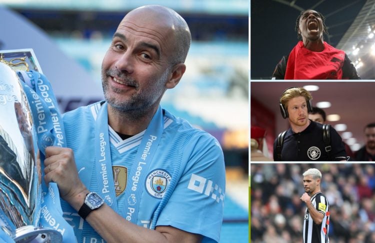 Pep Guardiola holds the Premier League trophy, Jeremie Frimpoing, Man City's Kevin De Bruyne, Bruno Guimaraes.