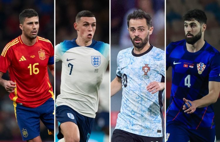 Collage of Rodri of Spain, England's Phil Foden, Bernardo Silva of Portugal and Croatia's Josko Gvardiol.