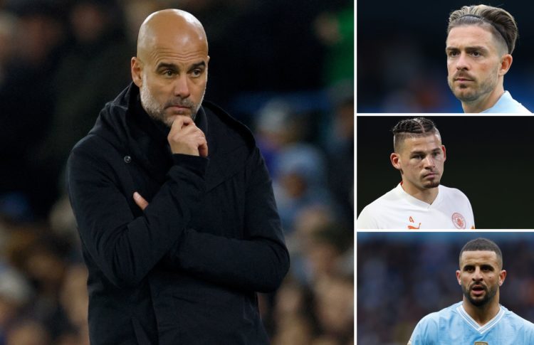 Pep Guardiola deep in thought. Indents, Jack Grealish, Kalvin Phillips, Kyle Walker.