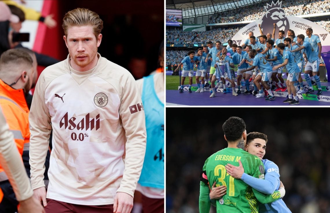 Collage of Kevin De Bruyne, Manchester City players, Julian Alvarez and Ederson.