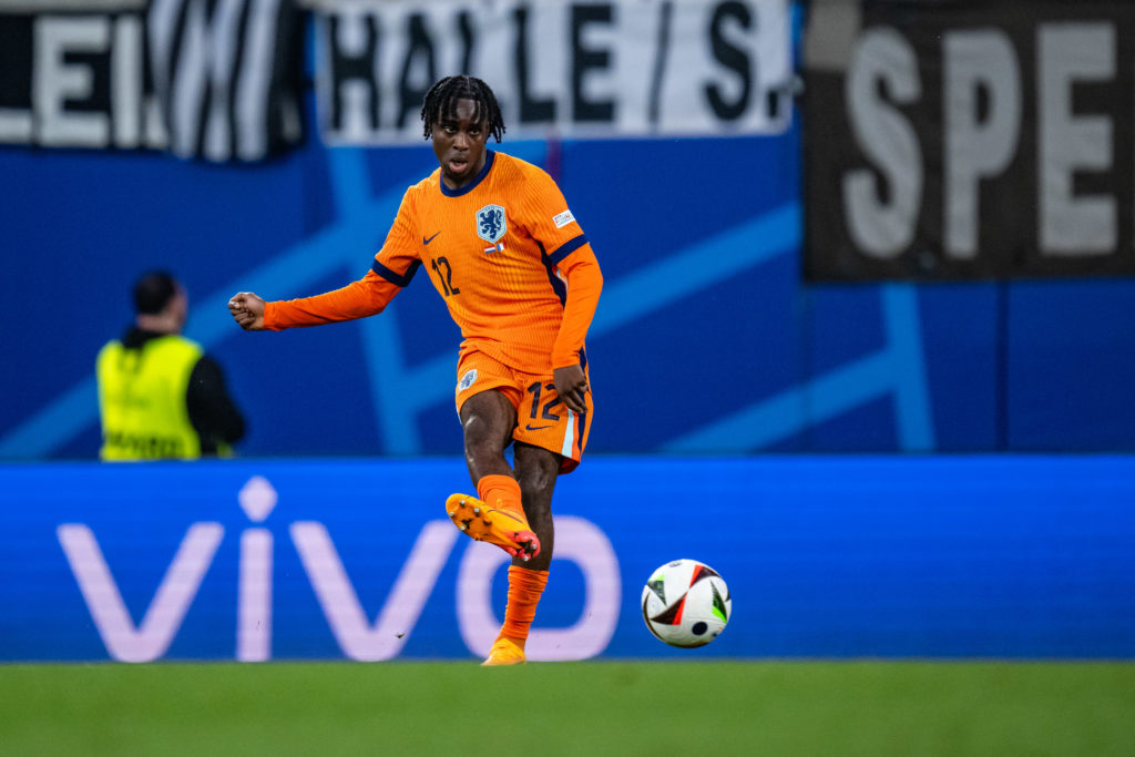 Jeremie Frimpong passing the ball during Netherlands vs France