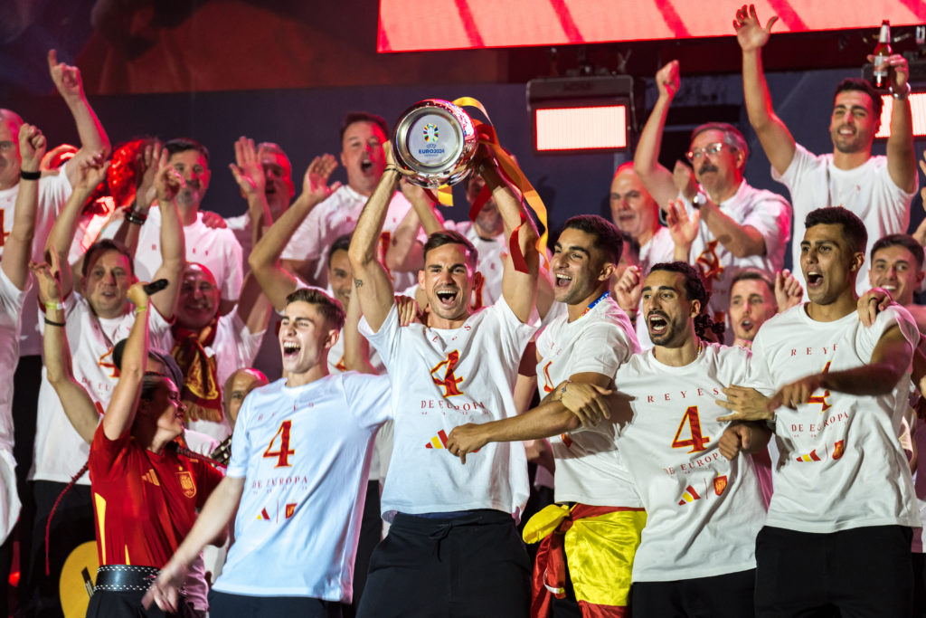 Spanish football team celebrates in Madrid after Spain wins Euro 2024 against England