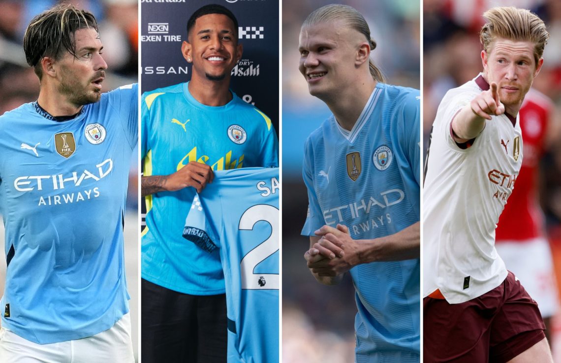 Collage of Jack Grealish Savinho, Erling Haaland and Kevin De Bruyne.