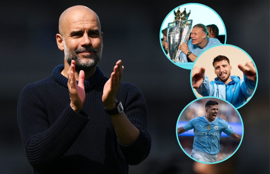 Collage of Pep Guardiola, Erling Haaland, Ruben Dias and Rodri.