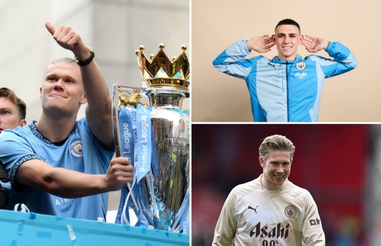 Collage of Erling Haaland, Phil Foden and Kevin De Bruyne.