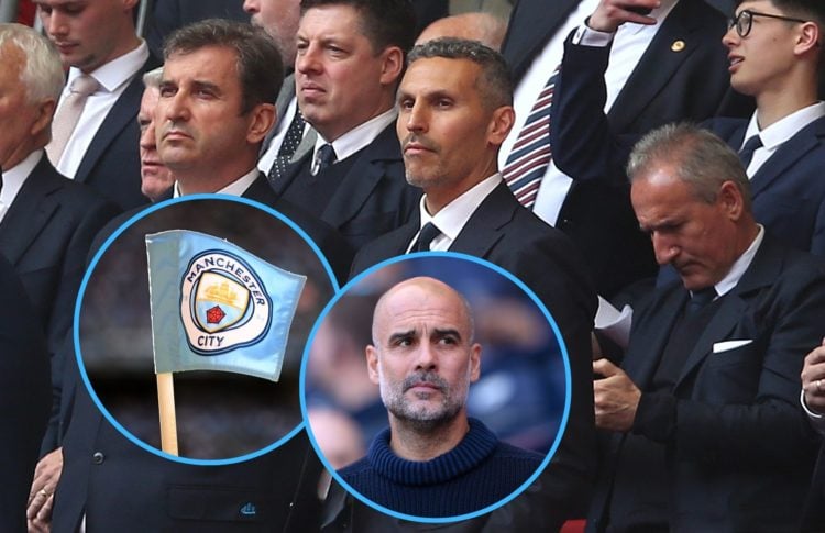 Collage of Pep Guardiola, the Manchester City logo and Khaldoon Al Mubarak.