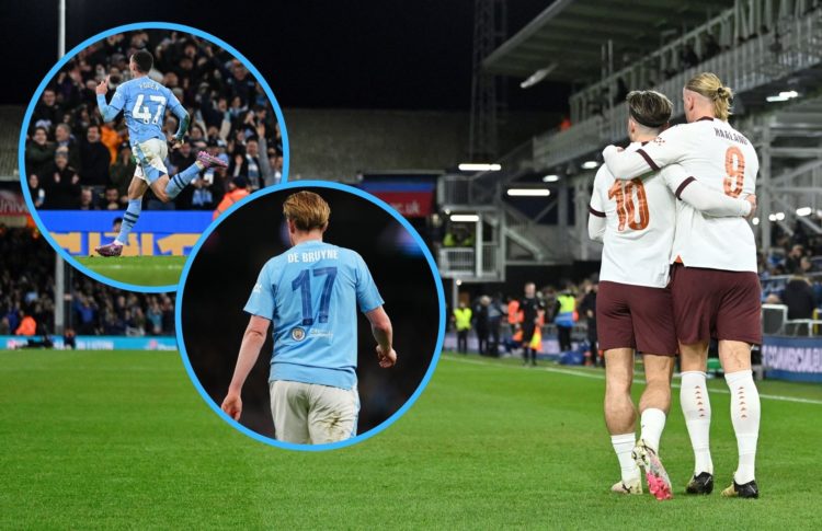 Collage of Erling Haaland, Jack Grealish, Kevin De Bruyne and Phil Foden of Manchester City.
