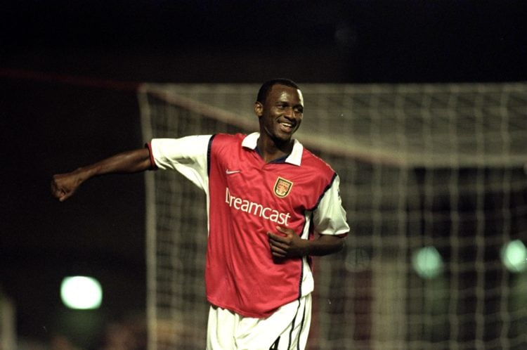 8 Nov 1999:  Patrick Vieira of Arsenal celebrates his goal during the Lee Dixon Testimonial game between Arsenal and Real Madrid at Highbury, Londo...