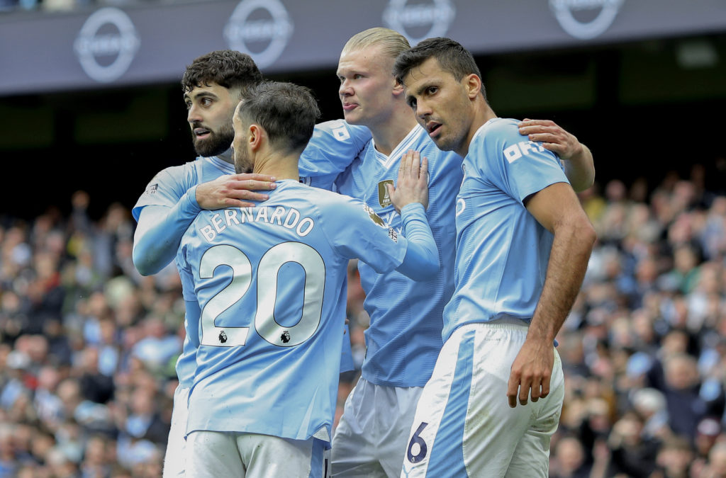 Josko Gvardiol, Bernardo Silva, Erling Haaland and Rodri of Manchester City celebrate 2nd goal during the Premier League match between Manchester City and Wolverhampton Wanderers at Etihad Stadium on May 4, 2024 in Manchester, England.