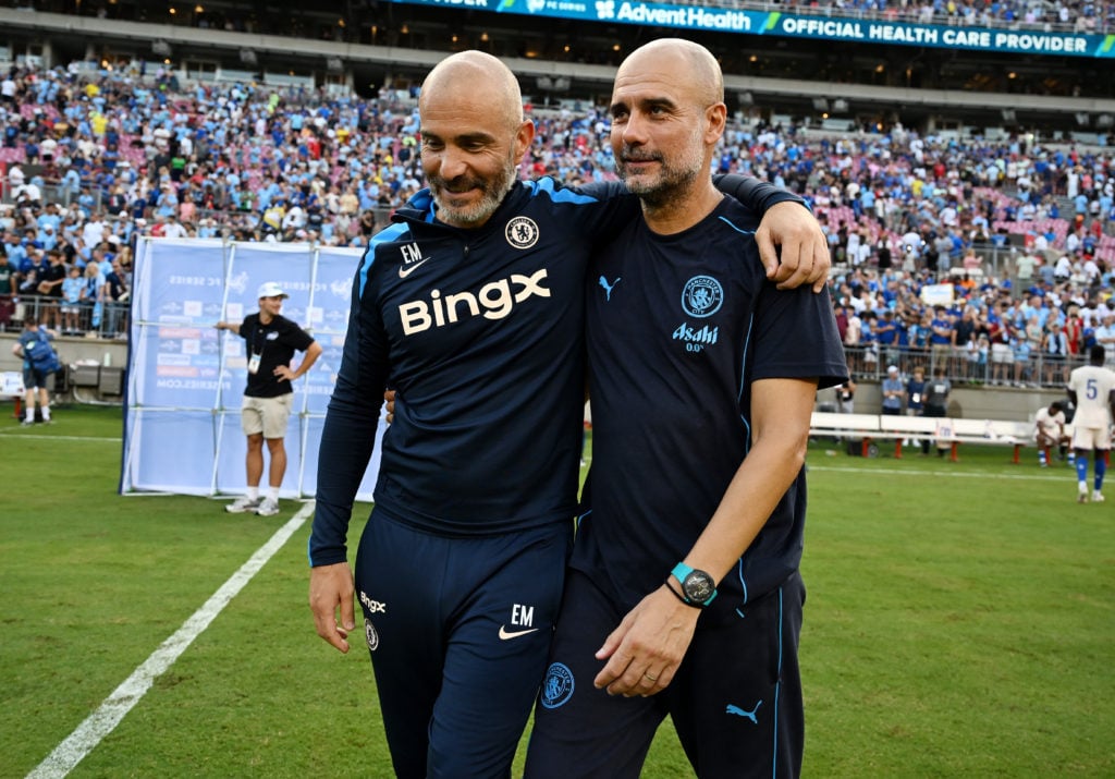 Enzo Maresca with his arm around Pep Guardiola's shoulder after Chelsea vs Manchester City