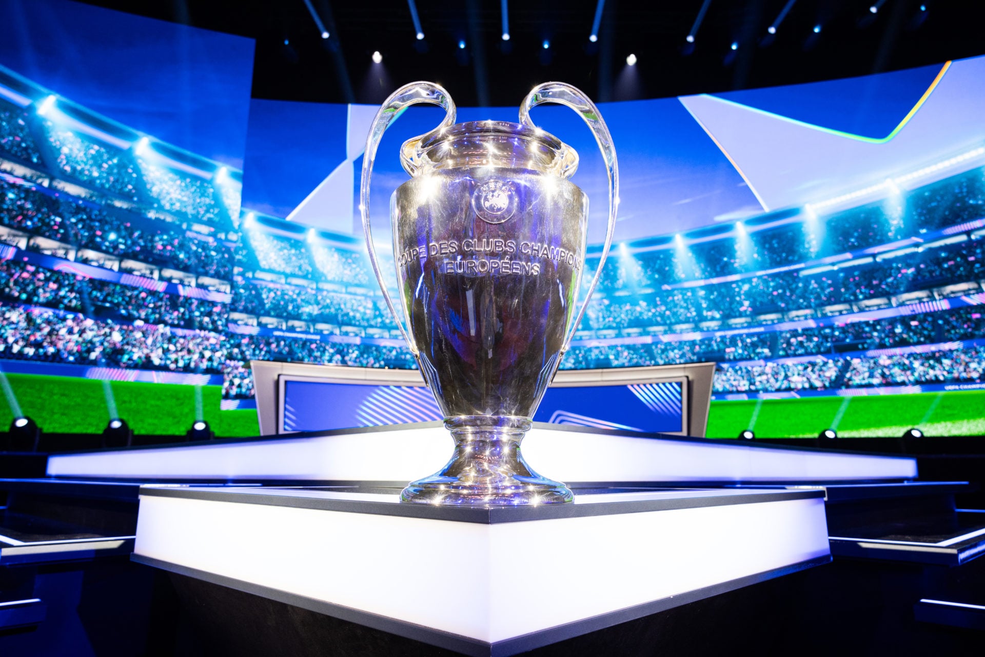 The UEFA Champions League trophy is seen on the stage ahead of the UEFA Champions League 2024/25 League Phase Draw at Grimaldi Forum on August 28, 2024