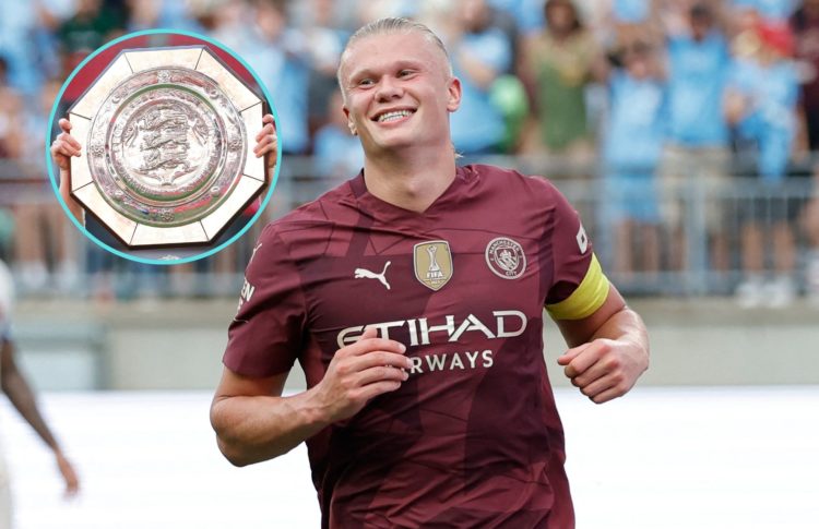 Collage of Erling Haaland and Community Shield.