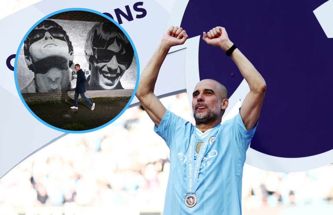 Collage of Pep Guardiola and Oasis mural.