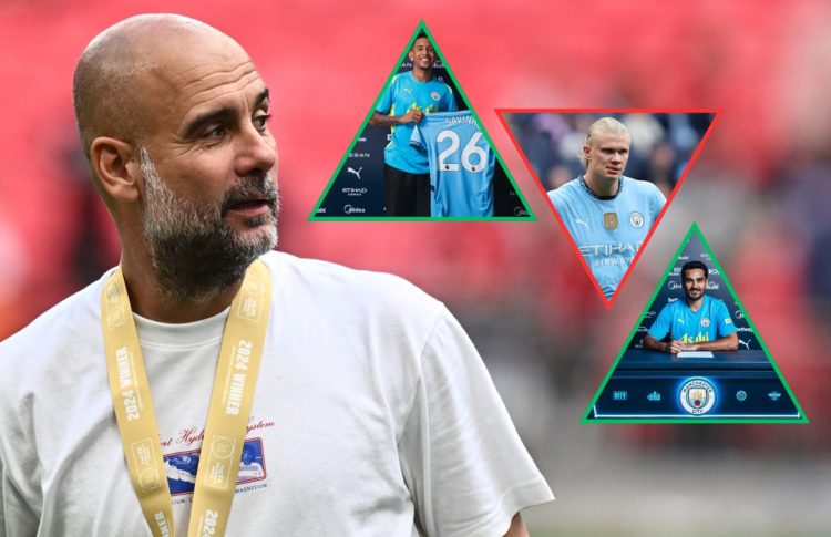 Collage of Pep Guardiola, Savinho, Erling Haaland and Ilkay Gundogan.