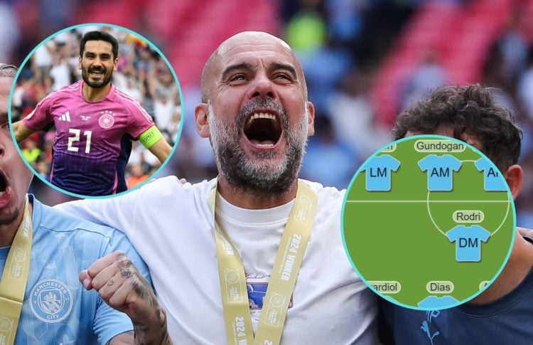 Collage of Ilkay Gundogan and Pep Guardioal.