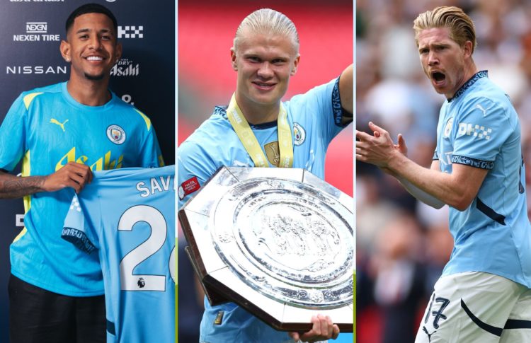 Collage of Savinho, Erling Haaland and Kevin De Bruyne.