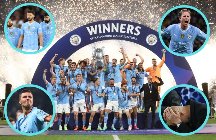 Collage of Man City winning the Champions League, City players dejected, Kevin De Bruyne, Rodri and Pep Guardiola. Dias, Bernardo, Gvardiol credit:...