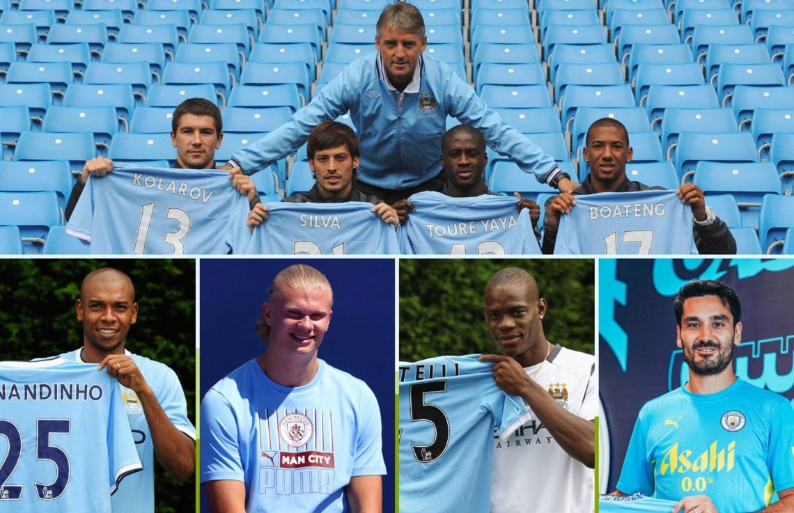 Collage of Mancini with new City signings, Fernandinho, Haaland, Balotelli, Gundogan.