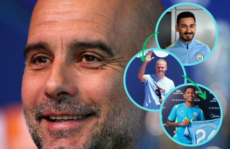 Collage of Pep Guardiola, Ilkay Gundogan, Erling Haaland and Savinho