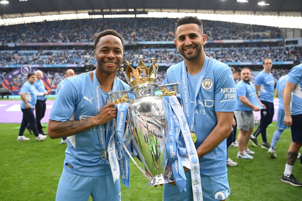 Raheem Sterling and Riyad Mahrez posing for a photo during Manchester City vs Aston Villa