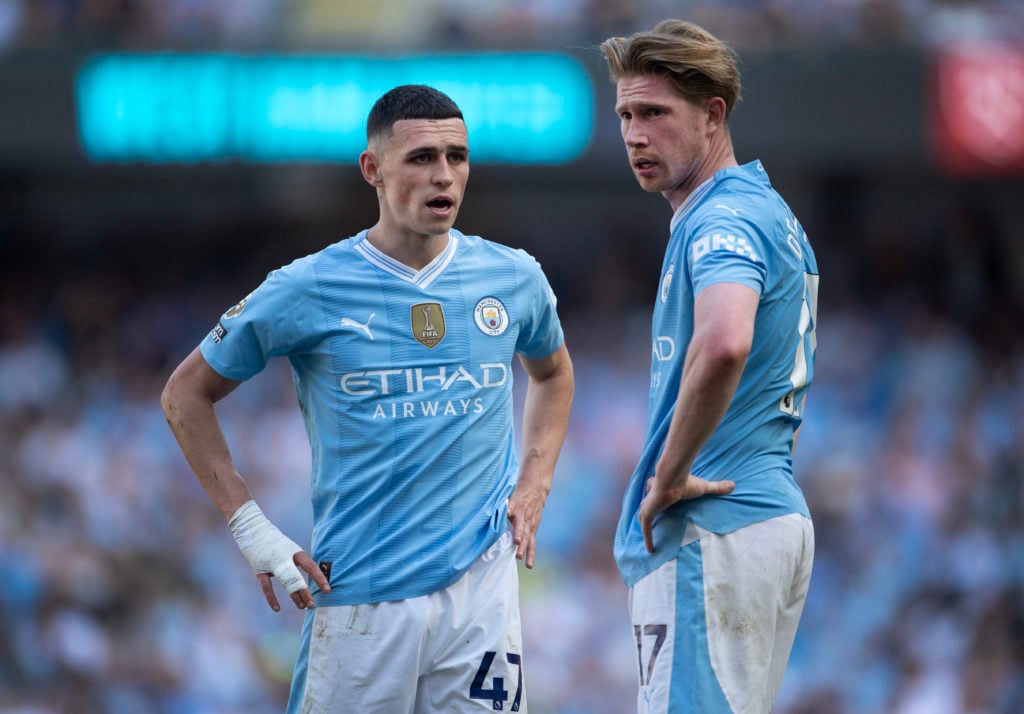 Phil Foden and Kevin De Bruyne of Manchester City during the Premier League match between Manchester City and West Ham United at Etihad Stadium on May 19, 2024