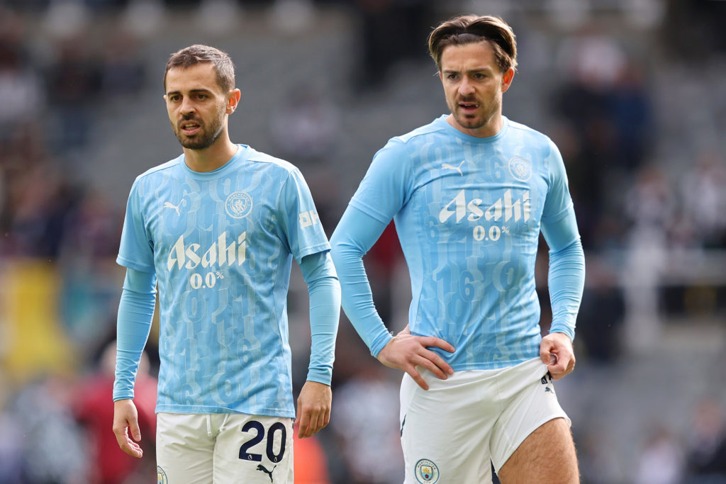 Bernardo Silva and Jack Grealish warming up before Newcastle United vs Manchester City