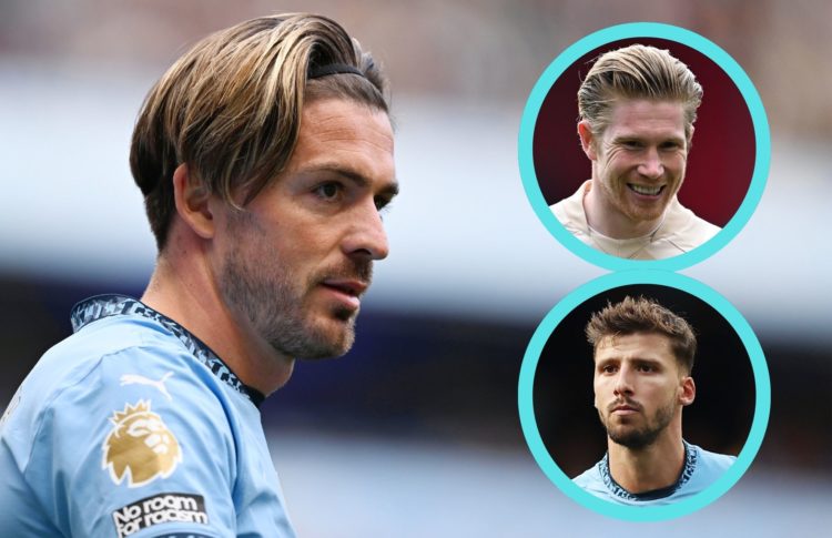 Collage of Jack Grealish, Kevin De Bruyne and Ruben Dias.