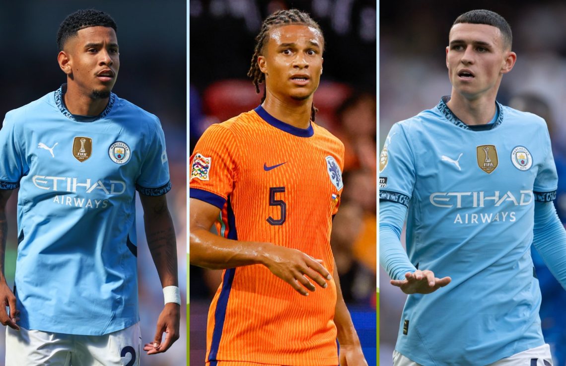 Collage of Savinho, Nathan Ake and Phil Foden.