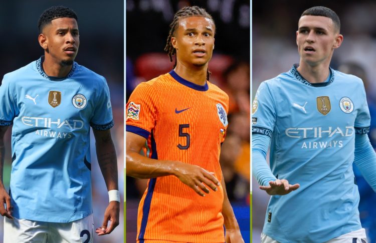 Collage of Savinho, Nathan Ake and Phil Foden.