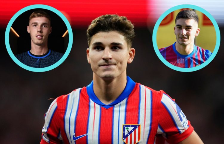 Collage of Julian Alvarez, Cole Palmer and Ferran Torres.