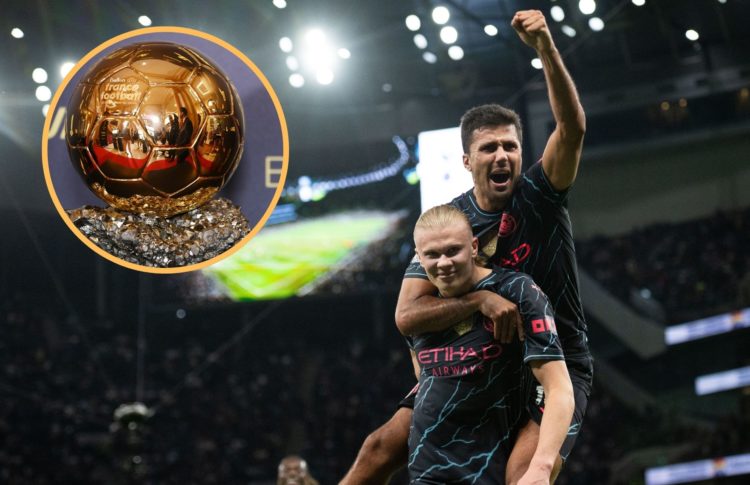 Collage of Erling Haaland, Rodri and the Ballon d'Or.