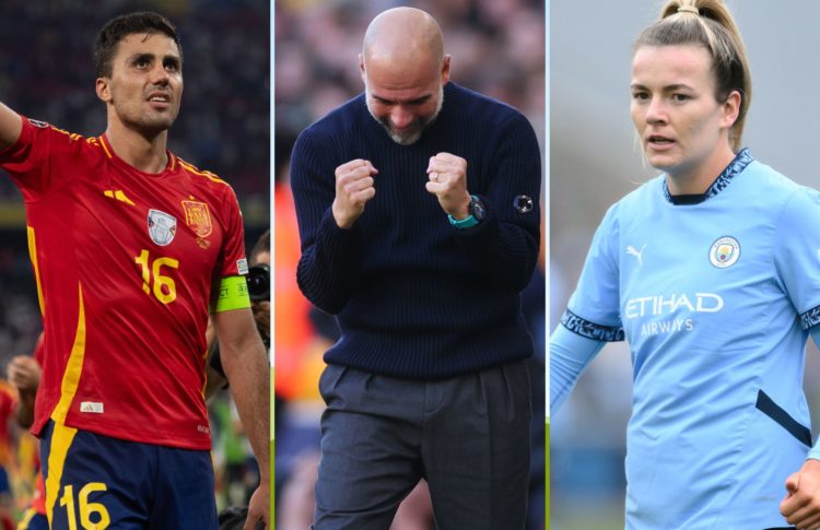 Collage of Rodri, Pep Guardiola, Lauren Hemp.