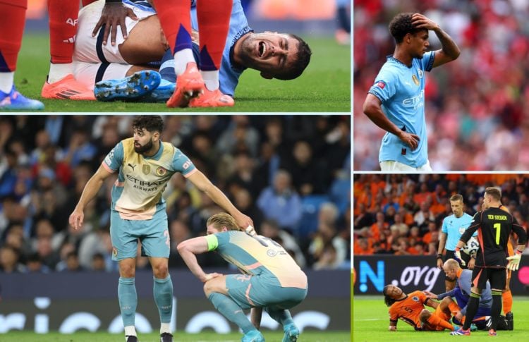 Collage of Rodri, Kevin De Bruyne, Oscar Bobb, Nathan Ake.