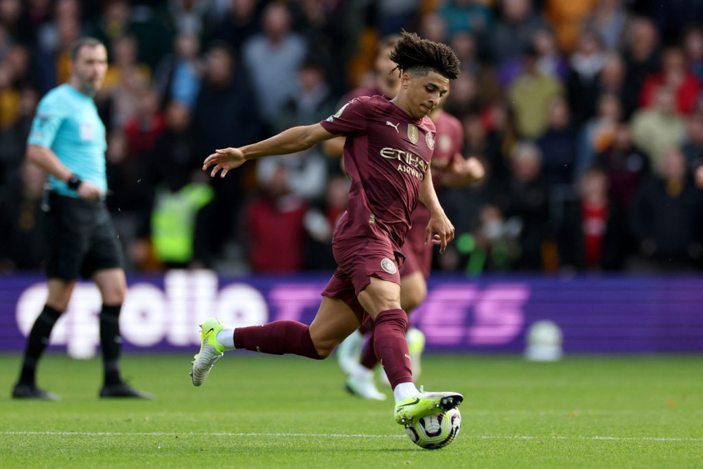 Rico Lewis playing against Wolves for Man City.